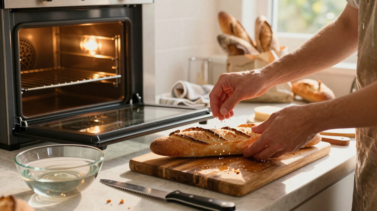Pessoa a polvilhar sal num pão baguete acabado de sair do forno na cozinha.