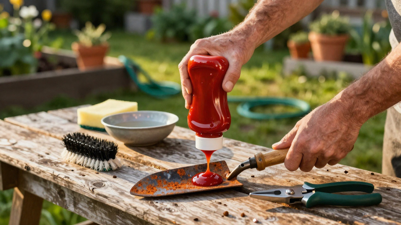 Pessoa a remover ferrugem de uma ferramenta de jardim com ketchup numa mesa de madeira ao ar livre.