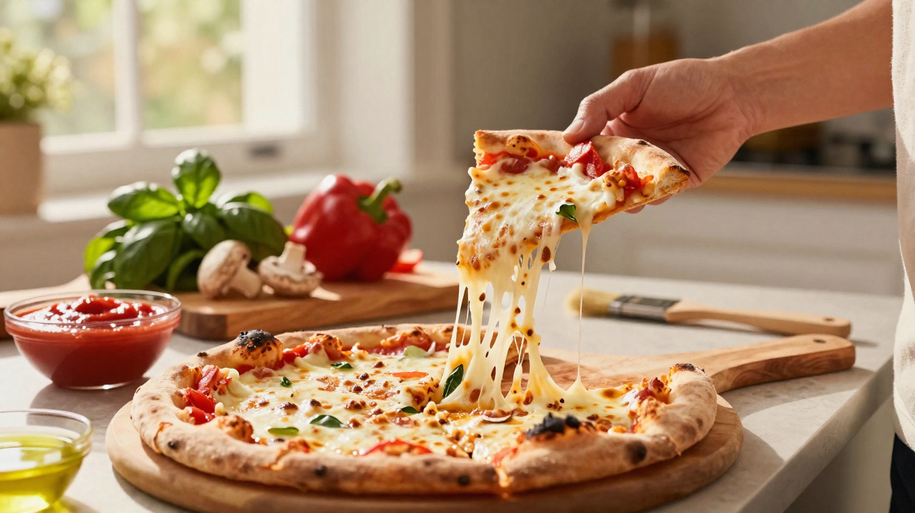 Pessoa a levantar uma fatia de pizza de queijo derretido e tomate num balcão de cozinha.