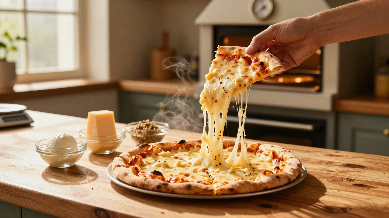 Pizza de queijo a ser retirada do tabuleiro, com queijo esticando, numa cozinha com ingredientes e forno ao fundo.