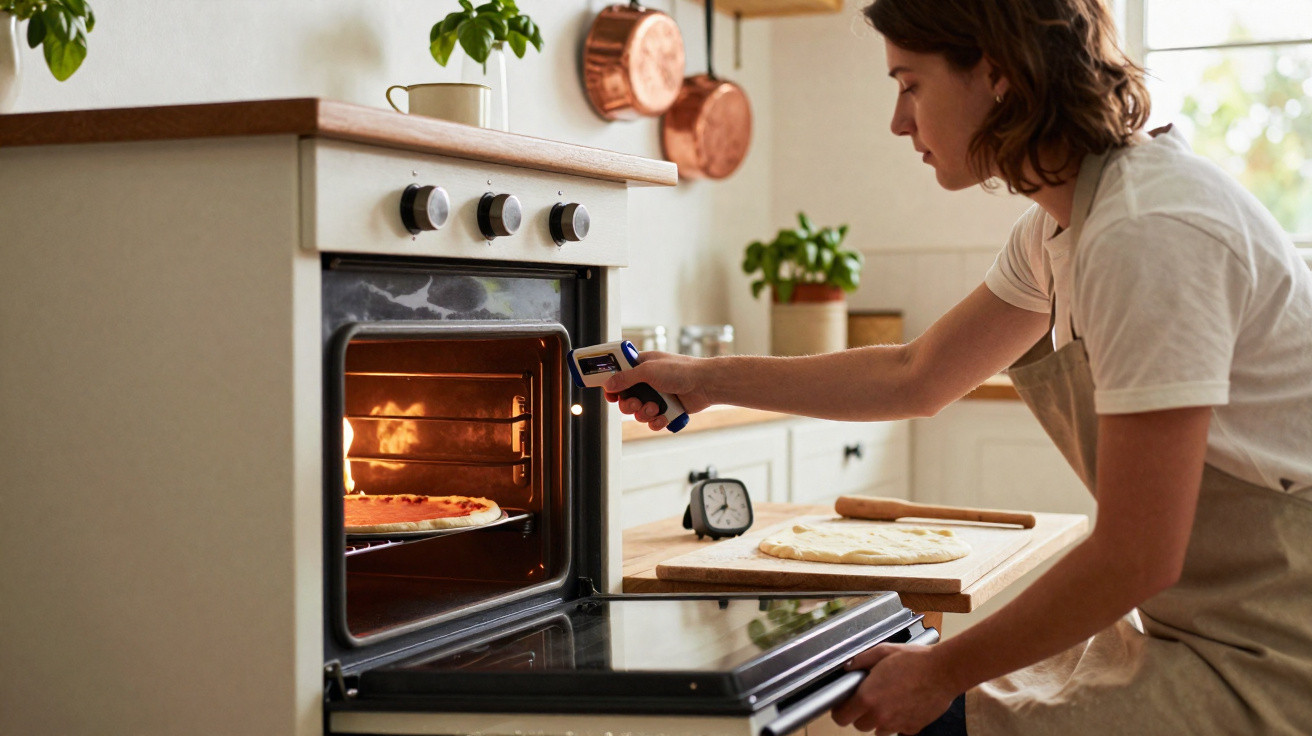 Mulher a usar termómetro para verificar pizza no forno numa cozinha acolhedora e bem iluminada.