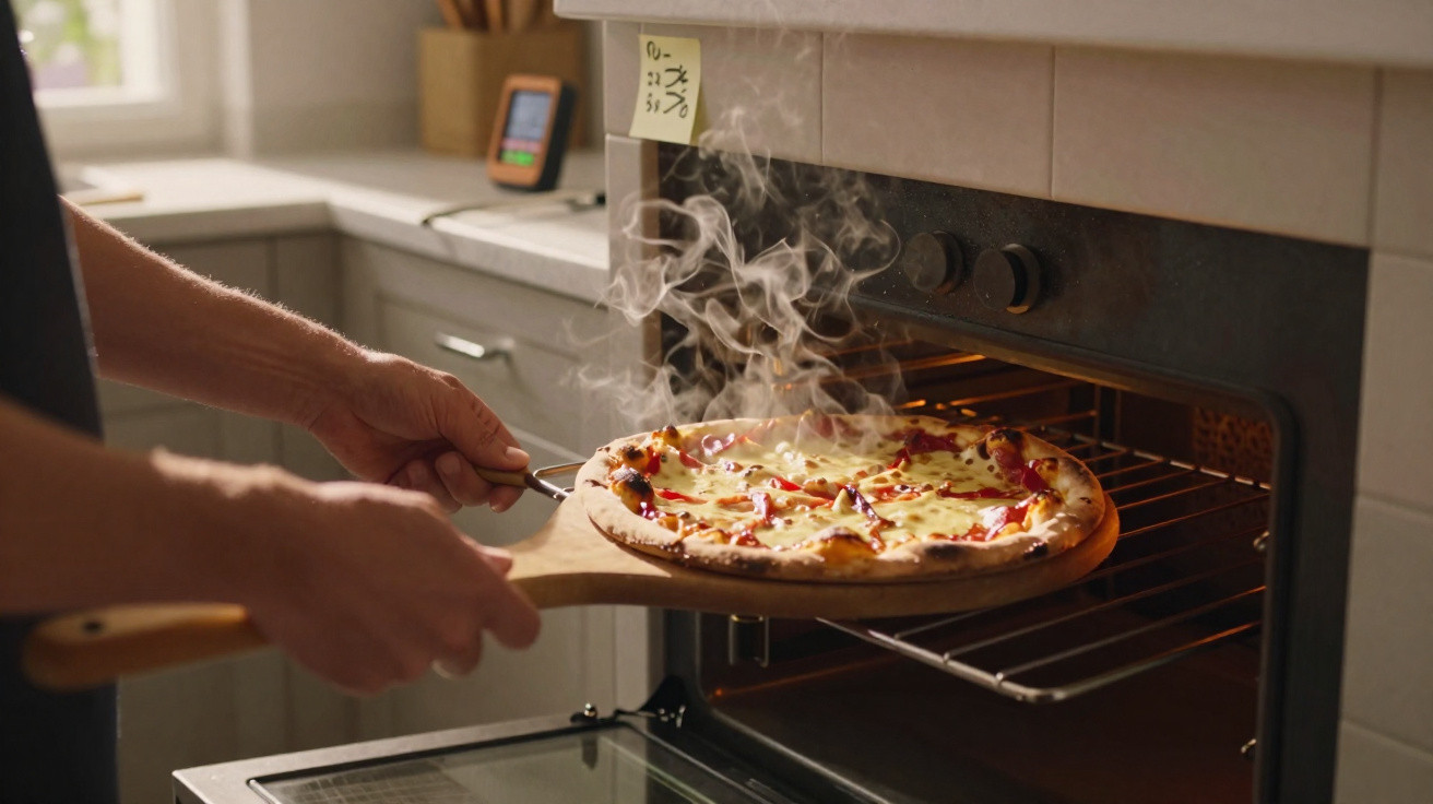 Pessoa a retirar do forno pizza quente com queijo derretido e pimentos vermelhos numa cozinha iluminada.