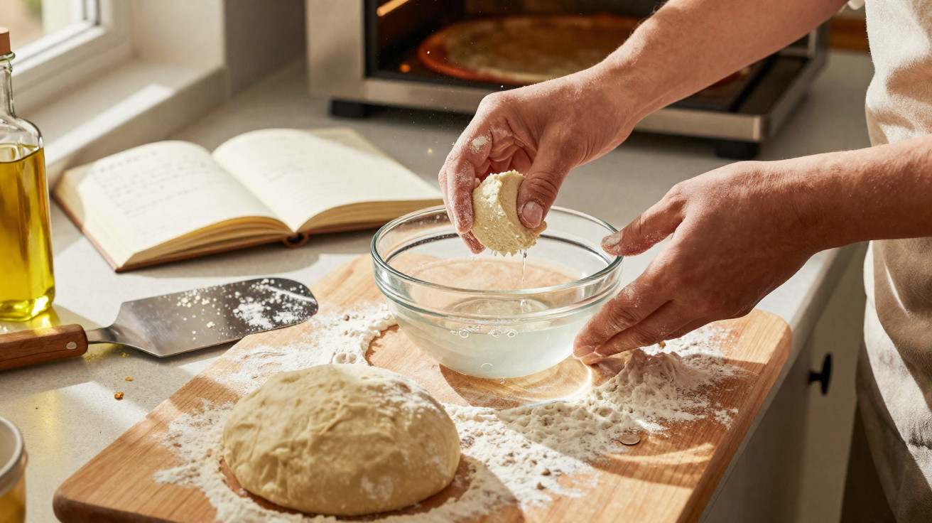 Pessoa a preparar bola de massa para pizza, bancada com farinha, azeite e livro aberto de receitas.