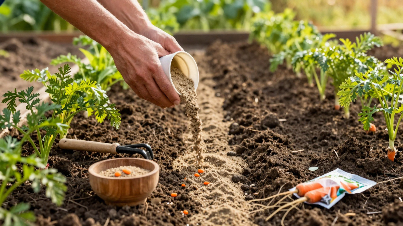 Mãos a semear sementes de cenoura num canteiro de terra preparada, com plantas de cenoura ao lado.