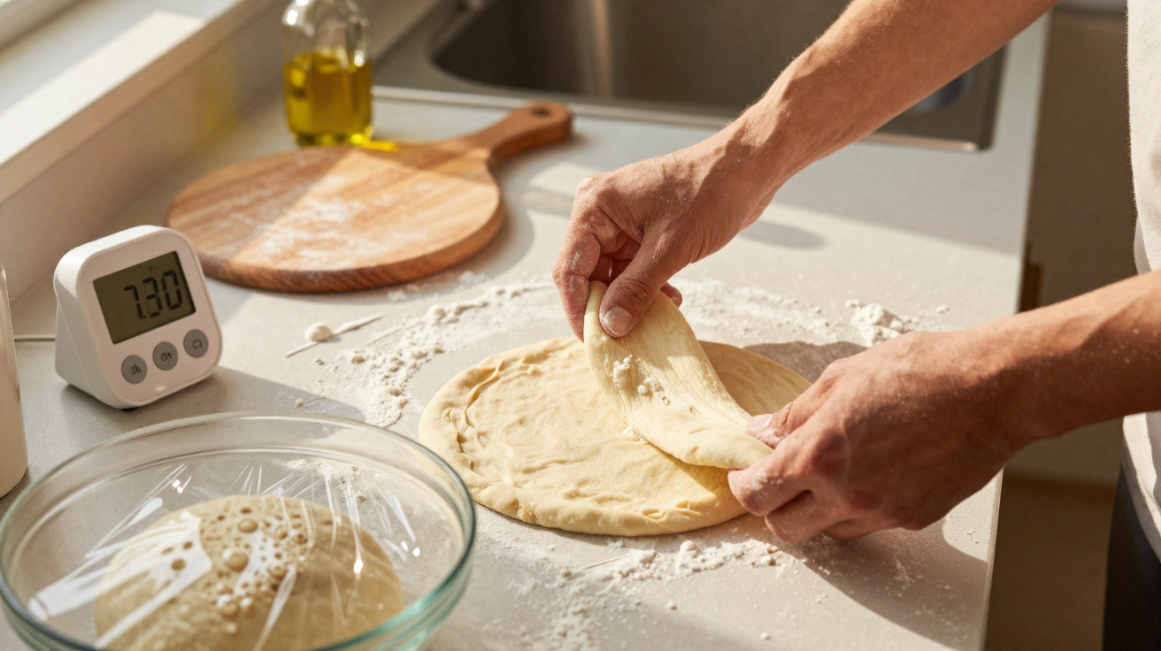 Mãos masculinas a esticar massa de pão numa bancada de cozinha com farinha espalhada e um temporizador.