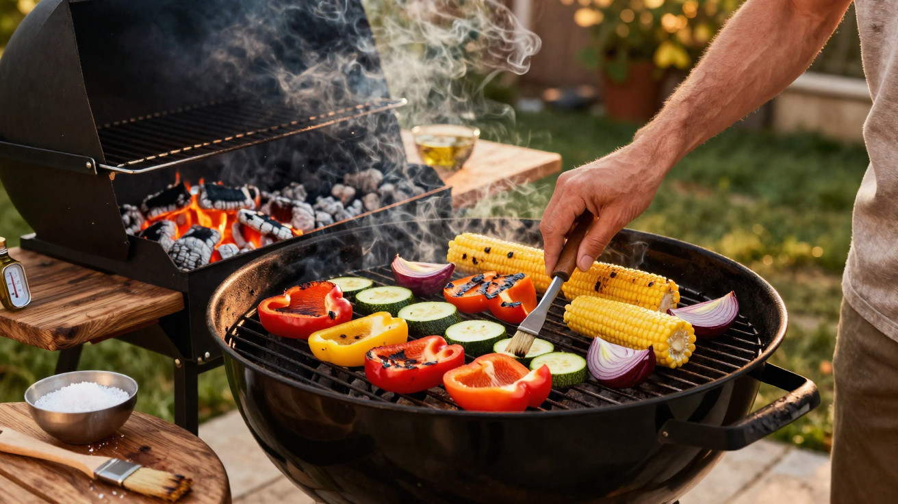 Mão a pincelar legumes variados numa grelha redonda de barbecue num jardim ao entardecer.