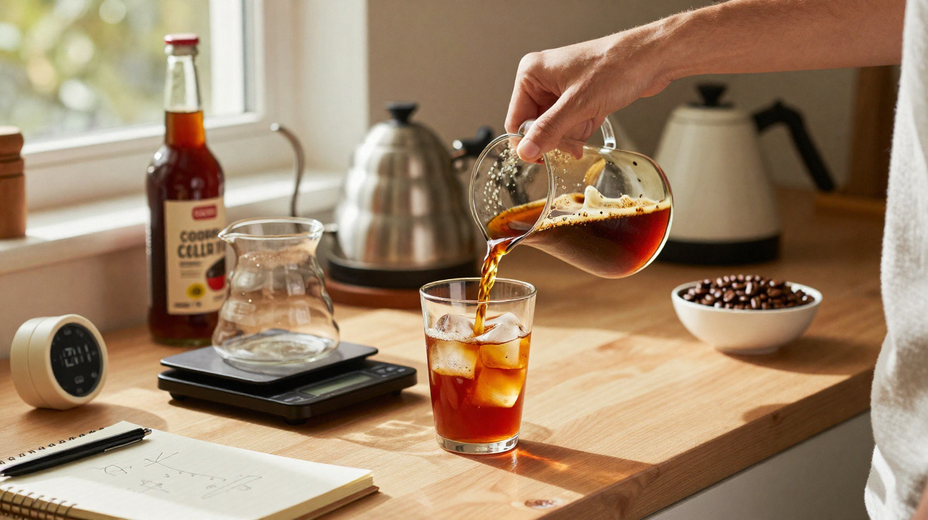 Pessoa a servir café gelado num copo com cubos de gelo numa cozinha iluminada pelo sol.