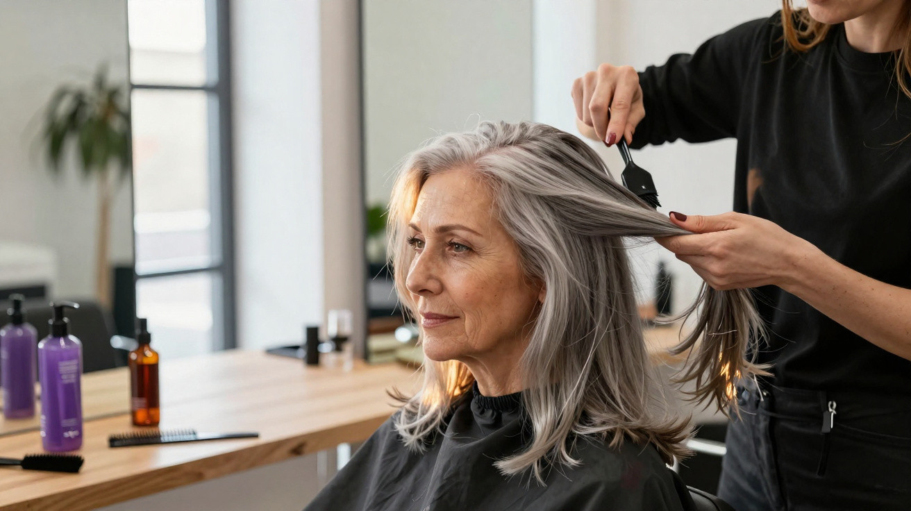 Mulher sénior com cabelo grisalho a receber coloração no cabelo num cabeleireiro moderno.