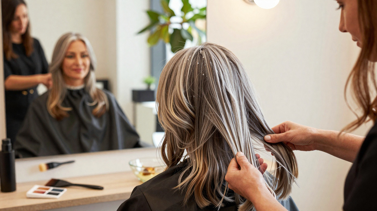 Mulher com cabelo liso cinza e branco a ser penteada por cabeleireira num salão de beleza.