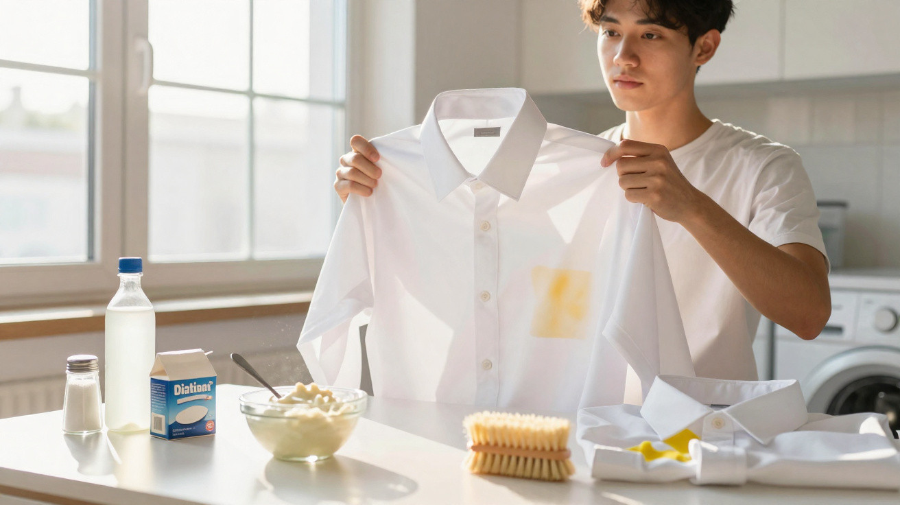 Homem a mostrar camisa branca com mancha amarela, rodeado por produtos de limpeza numa cozinha luminosa.