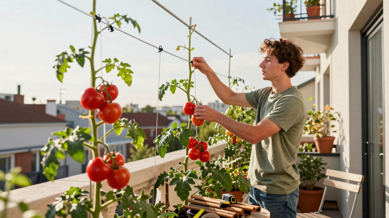 Jovem a cuidar de plantas de tomateiras num varandas com utensílios de jardinagem.