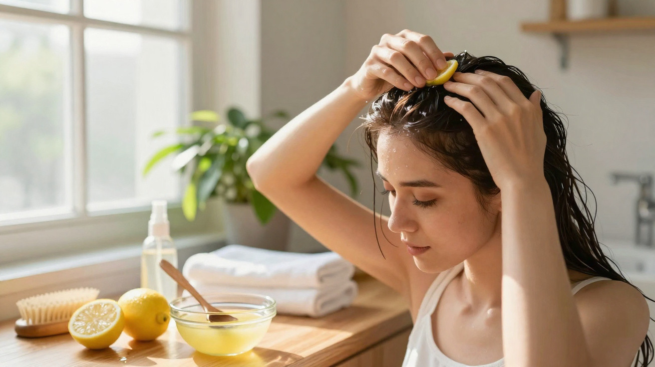 Mulher aplica suco de limão no cabelo num ambiente iluminado com toalhas e escova à mesa.