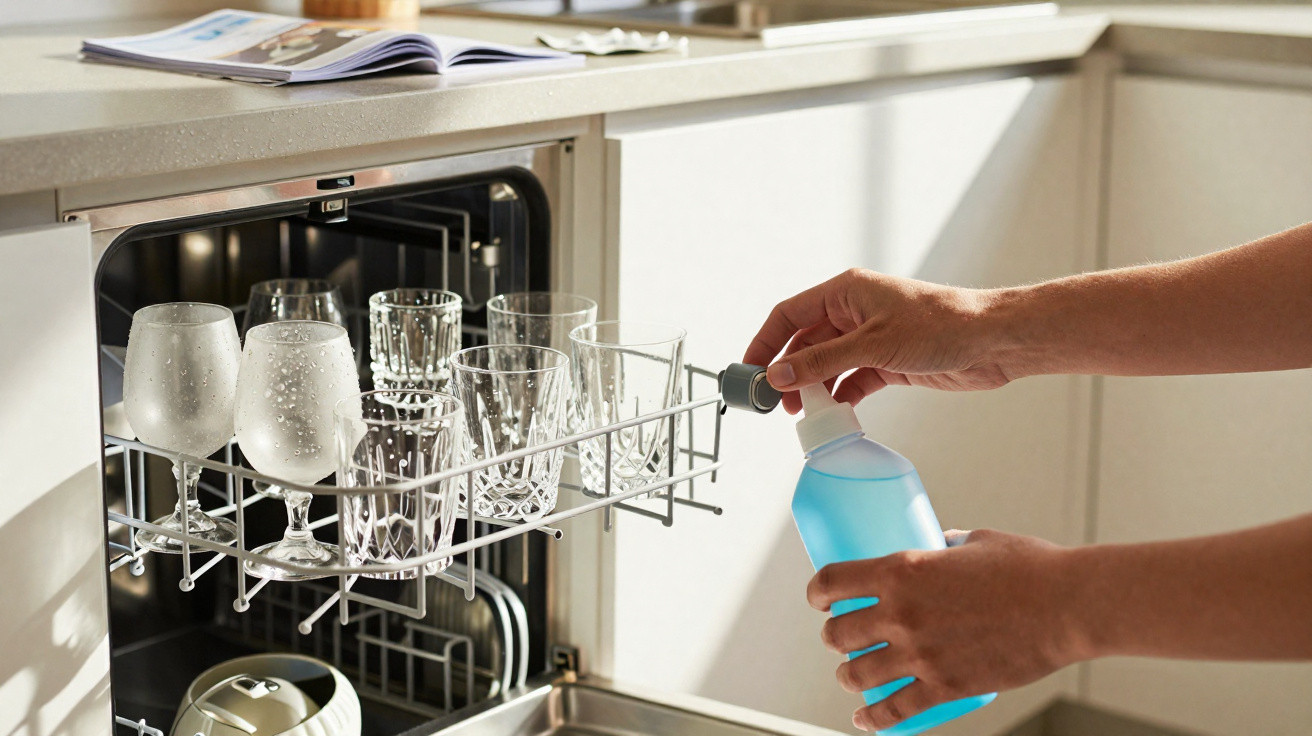 Mãos a colocar detergente azul na máquina de lavar loiça com copos de vidro dentro numa cozinha.