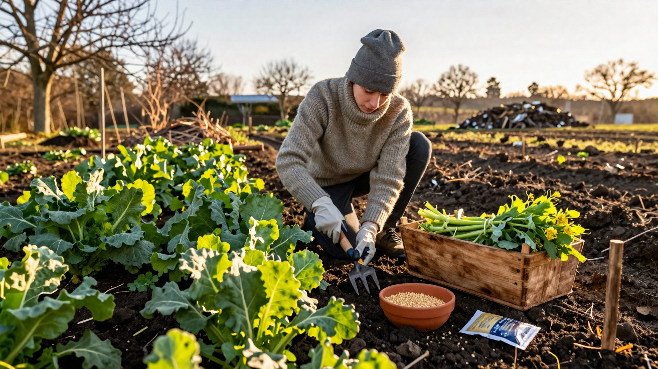 Pessoa a cuidar da terra numa horta ao ar livre com legumes verdes, caixa de madeira e utensílios.