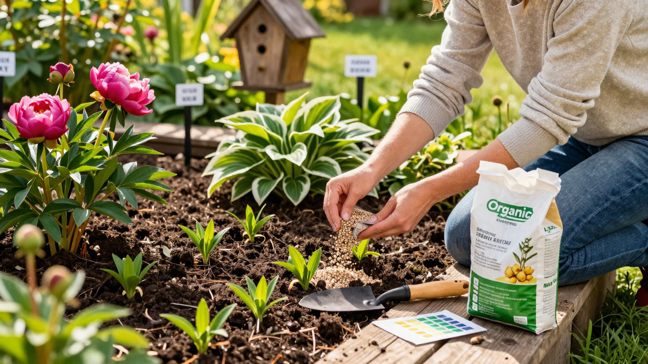 Pessoa a espalhar fertilizante orgânico em pequenos rebentos numa horta com flores variadas.