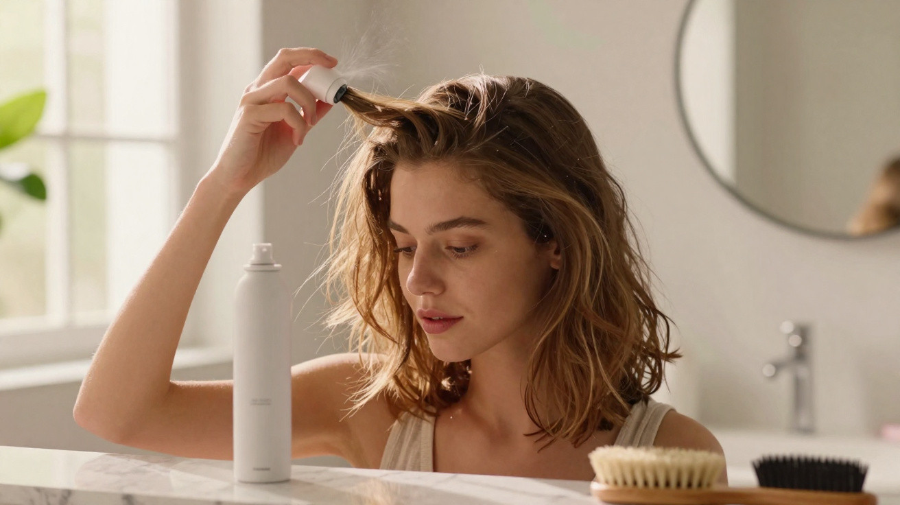 Mulher aplica spray no cabelo castanho num lavatório branco, com escovas ao lado num espaço luminoso.