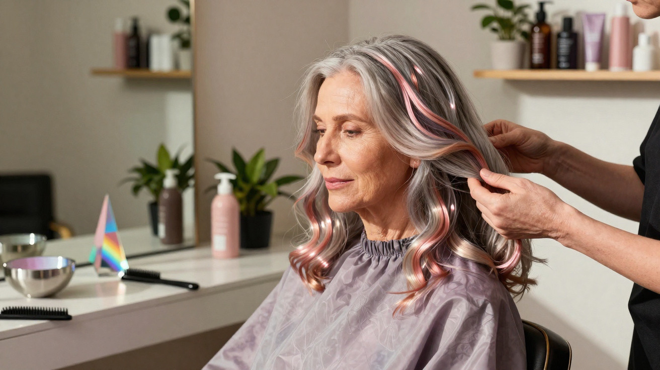 Mulher idosa com cabelos grisalhos e mechas cor-de-rosa sentada num cabeleireiro a ser penteada.