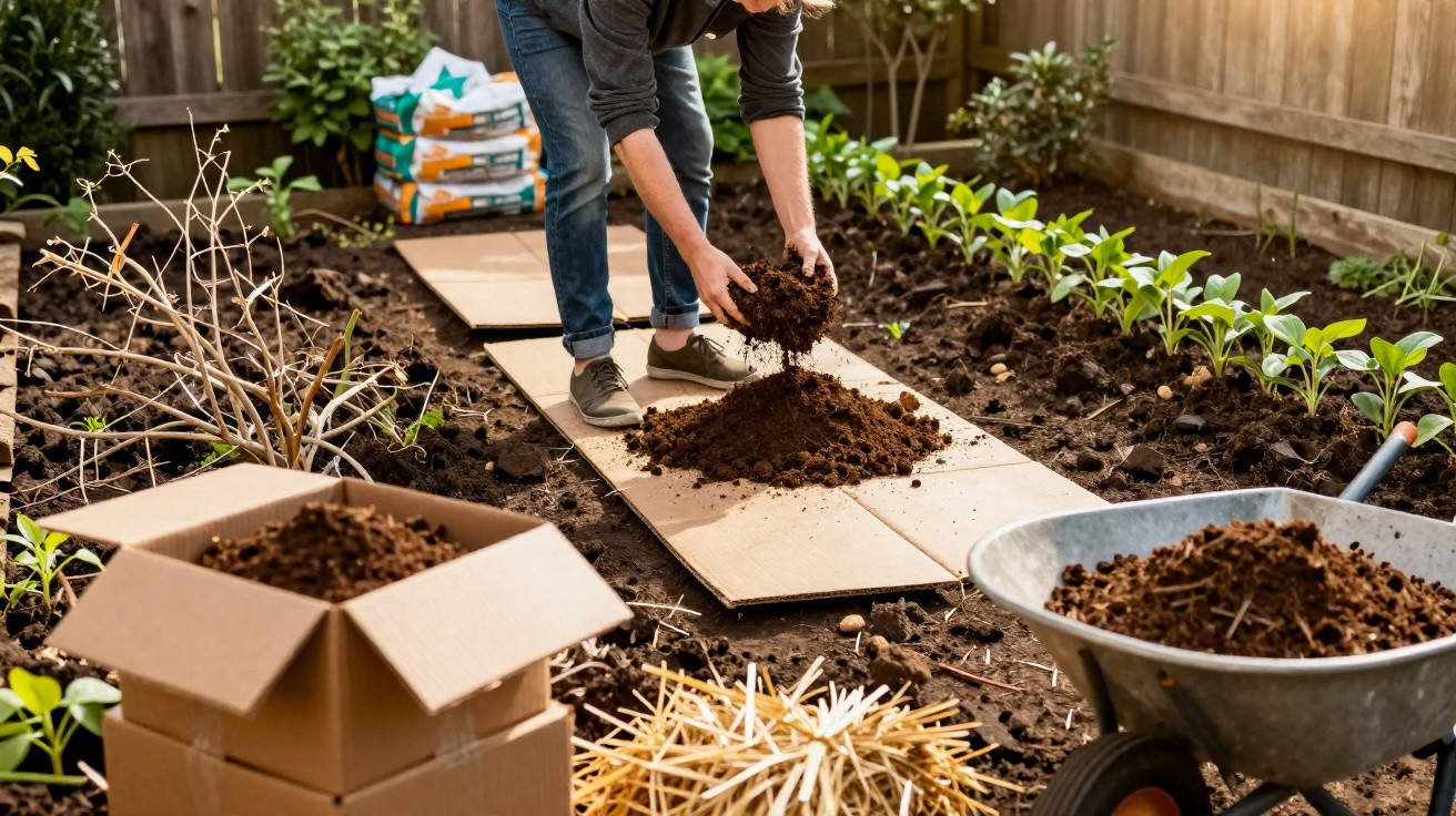 Pessoa a preparar terra para jardinagem num quintal com caixa, carrinho de mão e plantas jovens.