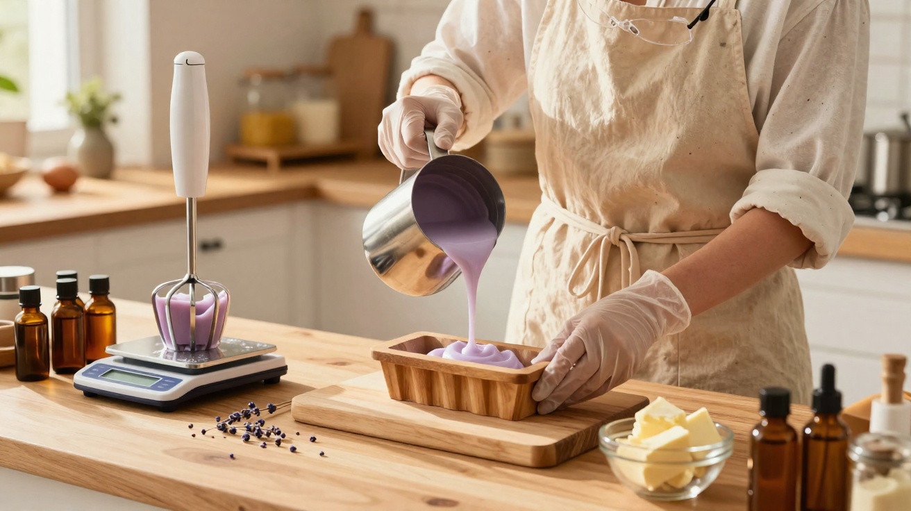 Pessoa de avental a verter mistura roxa numa forma de bolo numa cozinha moderna.