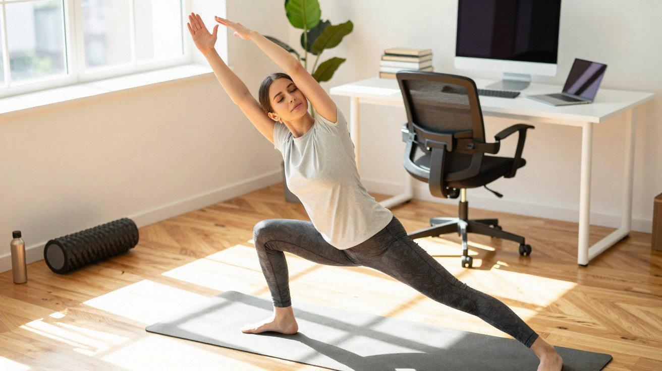 Mulher a fazer alongamentos de yoga numa sala iluminada com equipamento de escritório ao fundo.