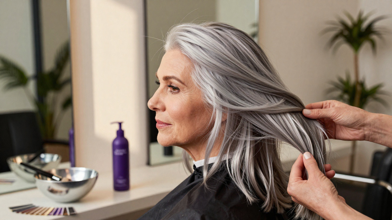 Mulher com cabelo branco e longo sentada em cabeleireiro enquanto profissional lhe mexe no cabelo.