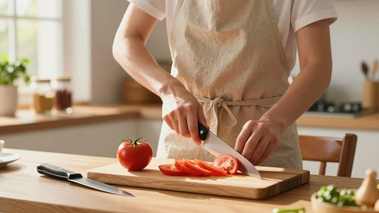 Pessoa a cortar tomate em fatias finas numa tábua de madeira numa cozinha iluminada.
