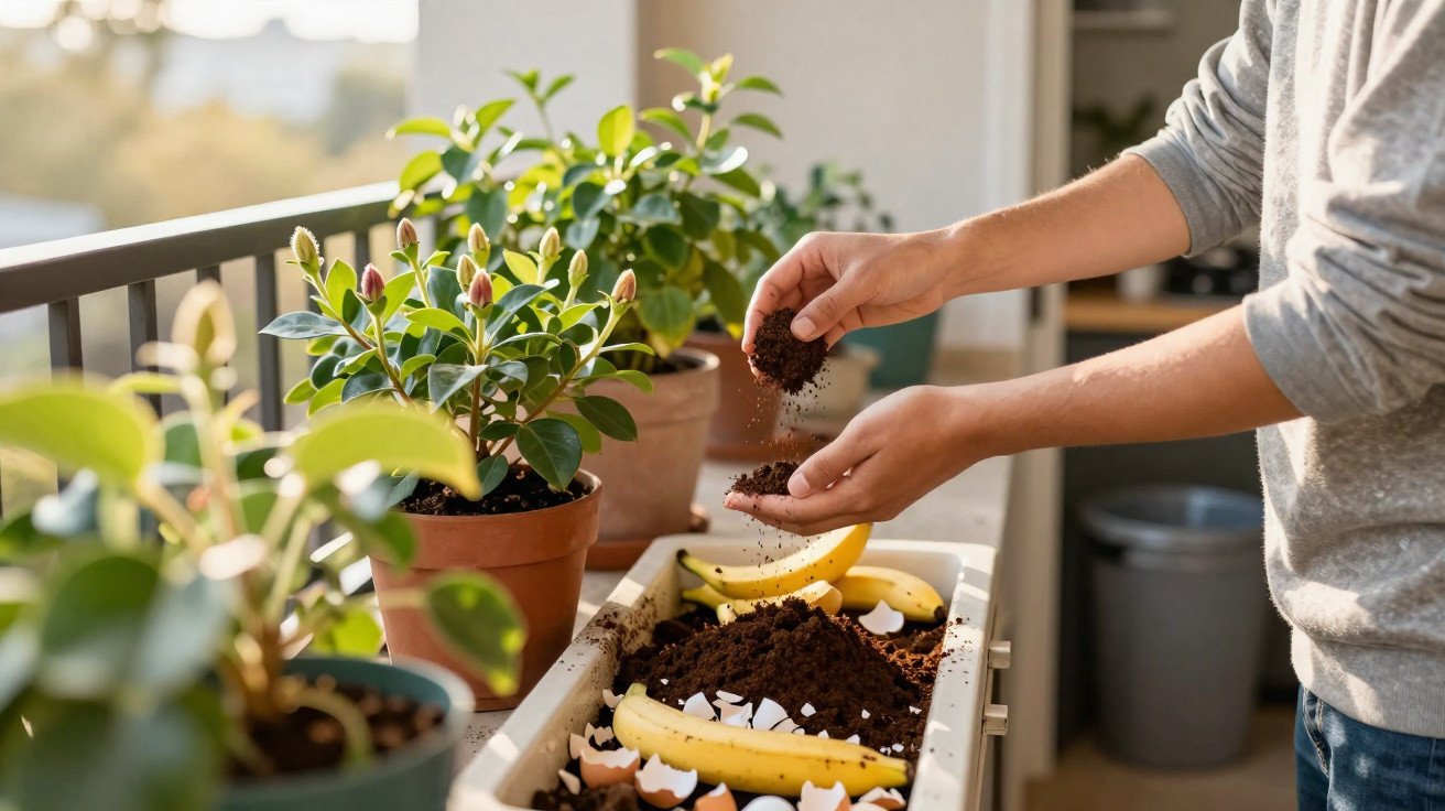 Pessoa a adicionar terra em vasos com plantas numa varanda ensolarada, com cascas de banana e ovos no composto.