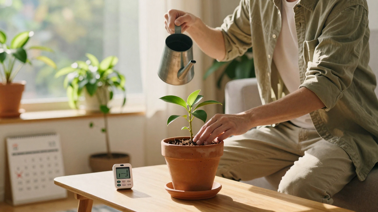 Pessoa a regar planta jovem em vaso de barro numa mesa junto a janela com luz natural.