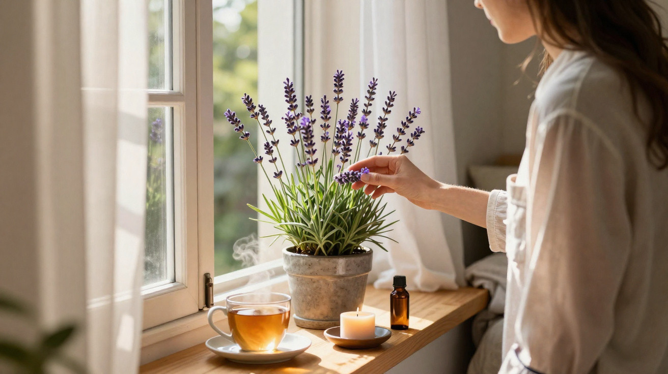 Pessoa toca flor de lavanda perto de janela com chá, vela acesa e frasco de óleo essencial.