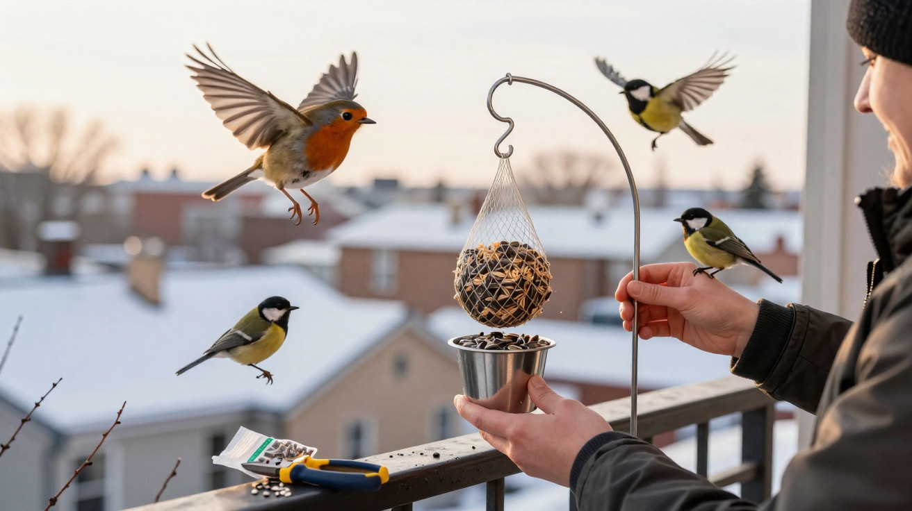 Pessoa alimenta pássaros com sementes no terraço durante inverno com casas e neve ao fundo.