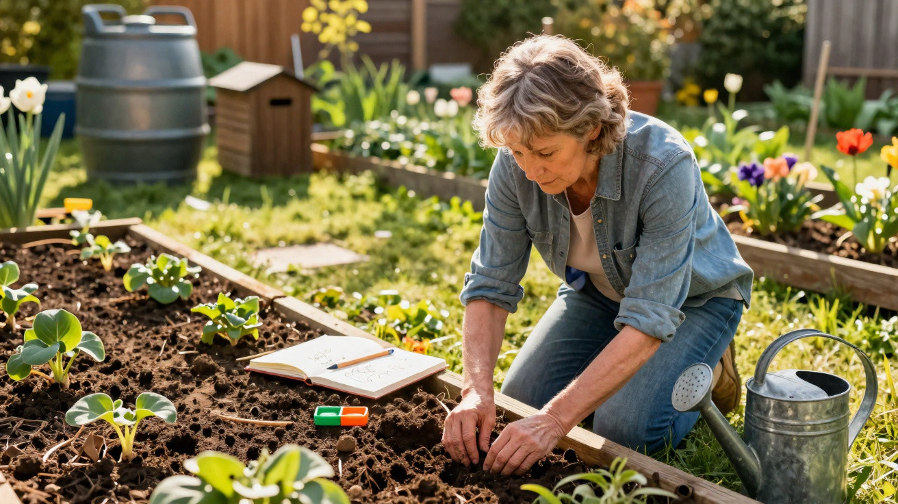 Mulher a plantar sementes numa horta caseira, rodeada por plantas e utensílios de jardinagem.