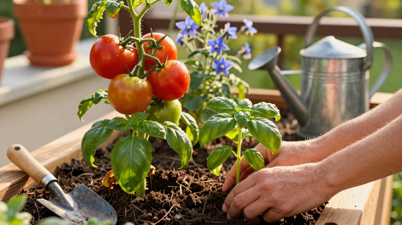 Mãos a plantar manjericão numa horta com tomateiros carregados de frutos maduros ao fundo.
