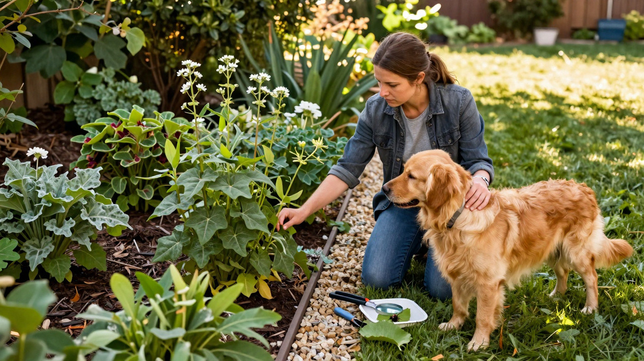 Mulher com casaco de ganga cuida de plantas num jardim, acompanhada por um cão golden retriever.
