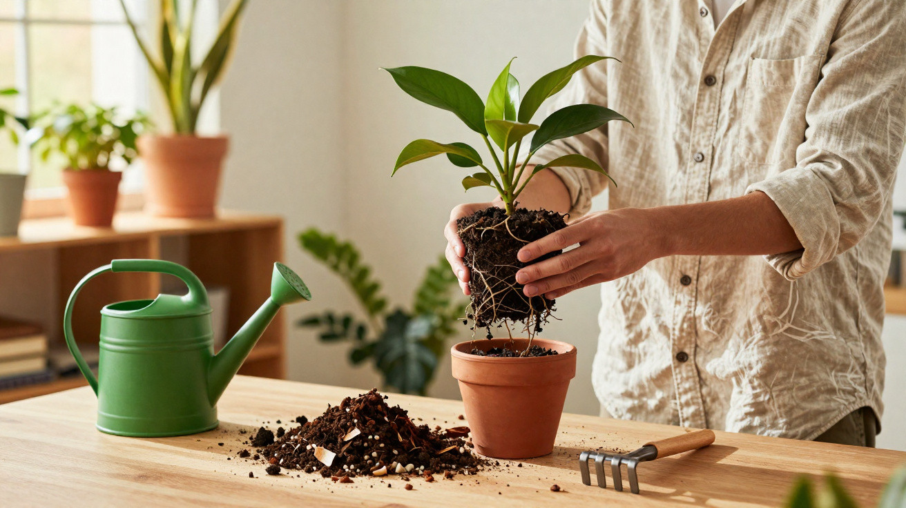 Pessoa a transplantar planta para vaso de barro numa mesa com regador verde e terra.