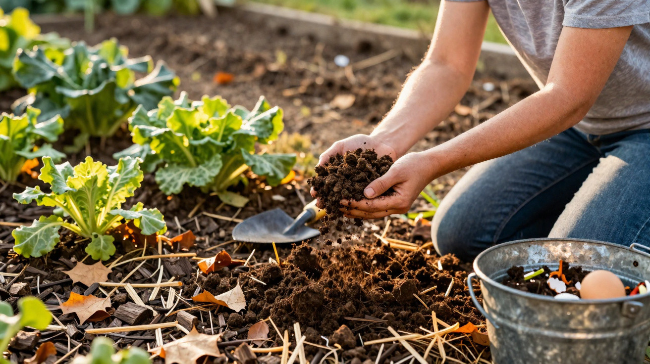Pessoa a trabalhar na terra de um jardim com plantas verdes e uma tina metálica ao lado.