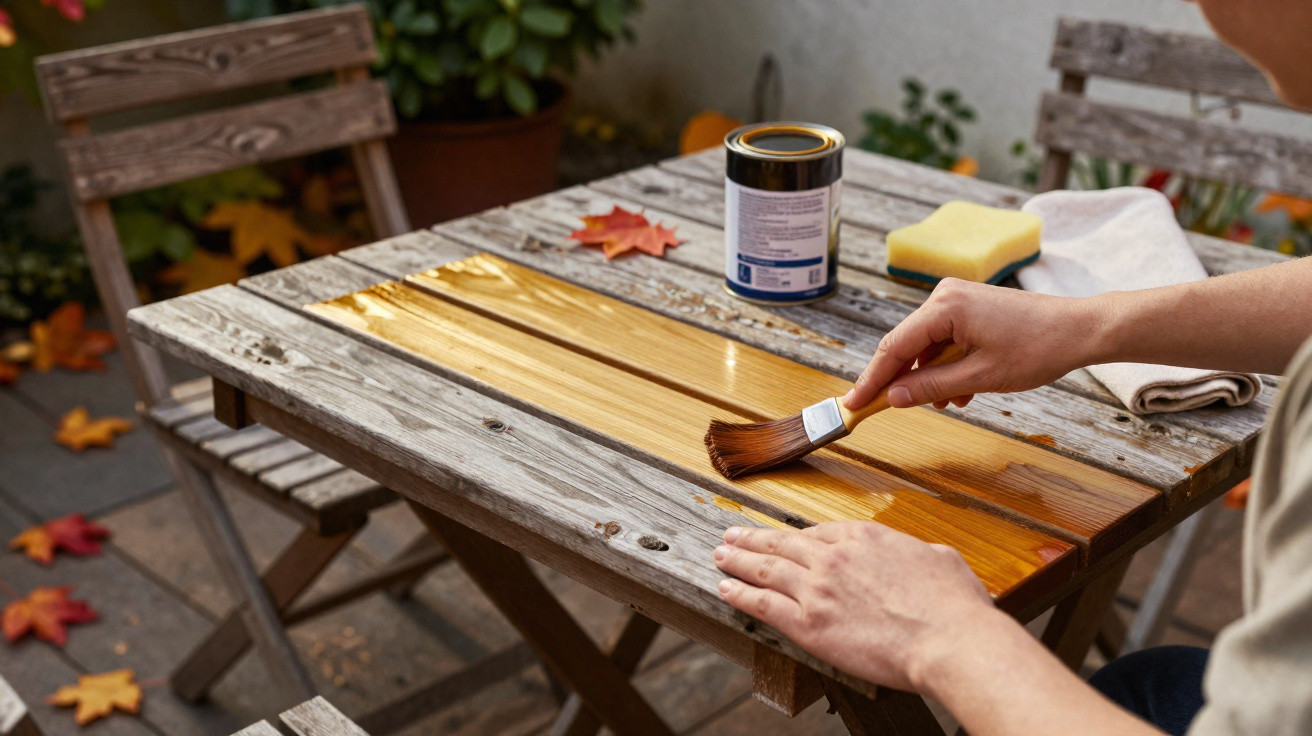 Pessoa a pintar uma tábua de madeira com verniz castanho num jardim, com cadeira e folhas secas ao fundo.