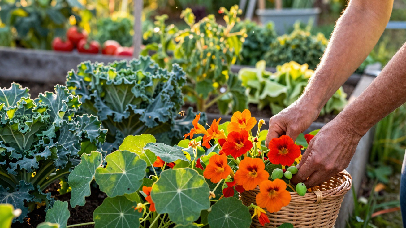 Mãos a colher frutos verdes em cesta junto a flores laranjas e plantas num jardim ensolarado.