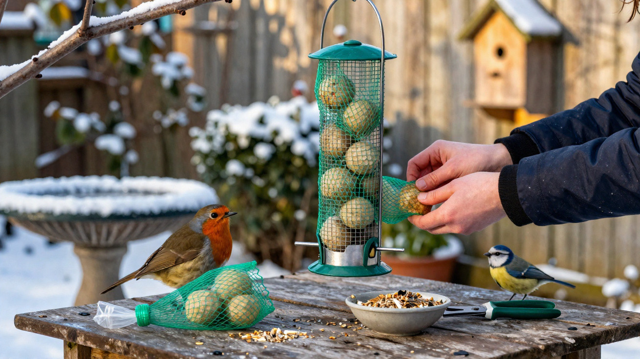 Pessoa a colocar bolas de gordura para pássaros num alimentador com chapim e robin, mesa rústica, inverno com neve.