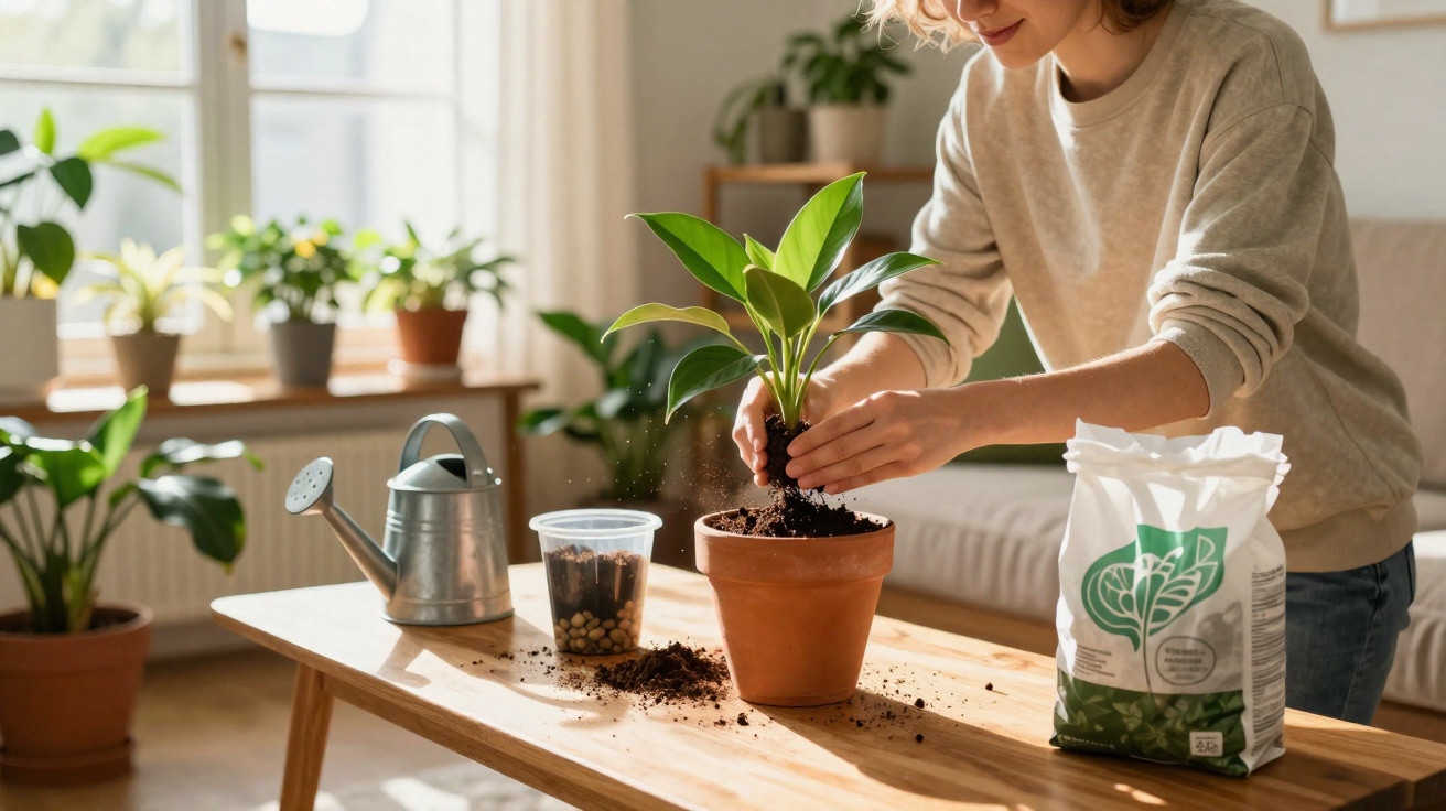 Pessoa a transplantar planta para vaso de barro numa sala iluminada com várias plantas na janela.
