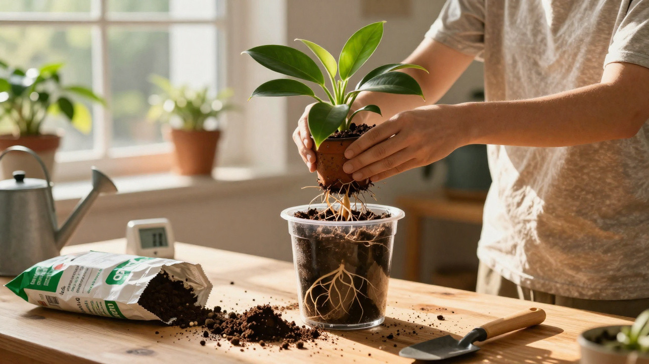 Pessoa a transplantar planta jovem para vaso maior numa mesa com terra e regador junto à janela iluminada.