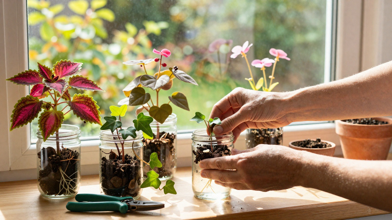 Mãos a transplantar planta em vasos de vidro junto a janela, com várias plantas e tesoura sobre a mesa.