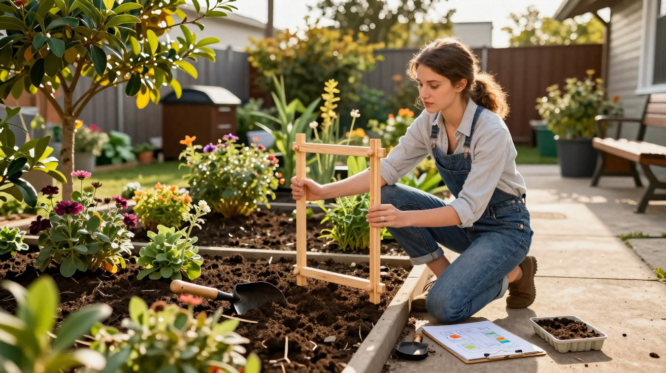 Mulher a medir canteiro de terra no jardim casa, com plantas e ferramentas ao redor.