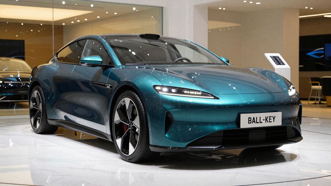 Carro desportivo elétrico azul metálico exposto em salão, com design moderno e faróis LED estreitos.
