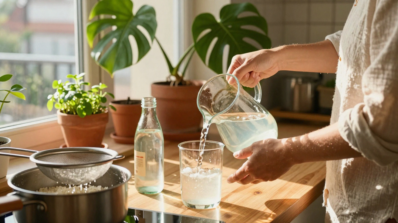 Pessoa a servir água num copo numa cozinha com plantas e luz natural pela janela.