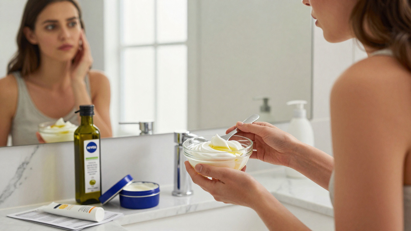 Mulher a olhar-se ao espelho enquanto segura taça de creme e colher num lavatório com produtos de cuidado.
