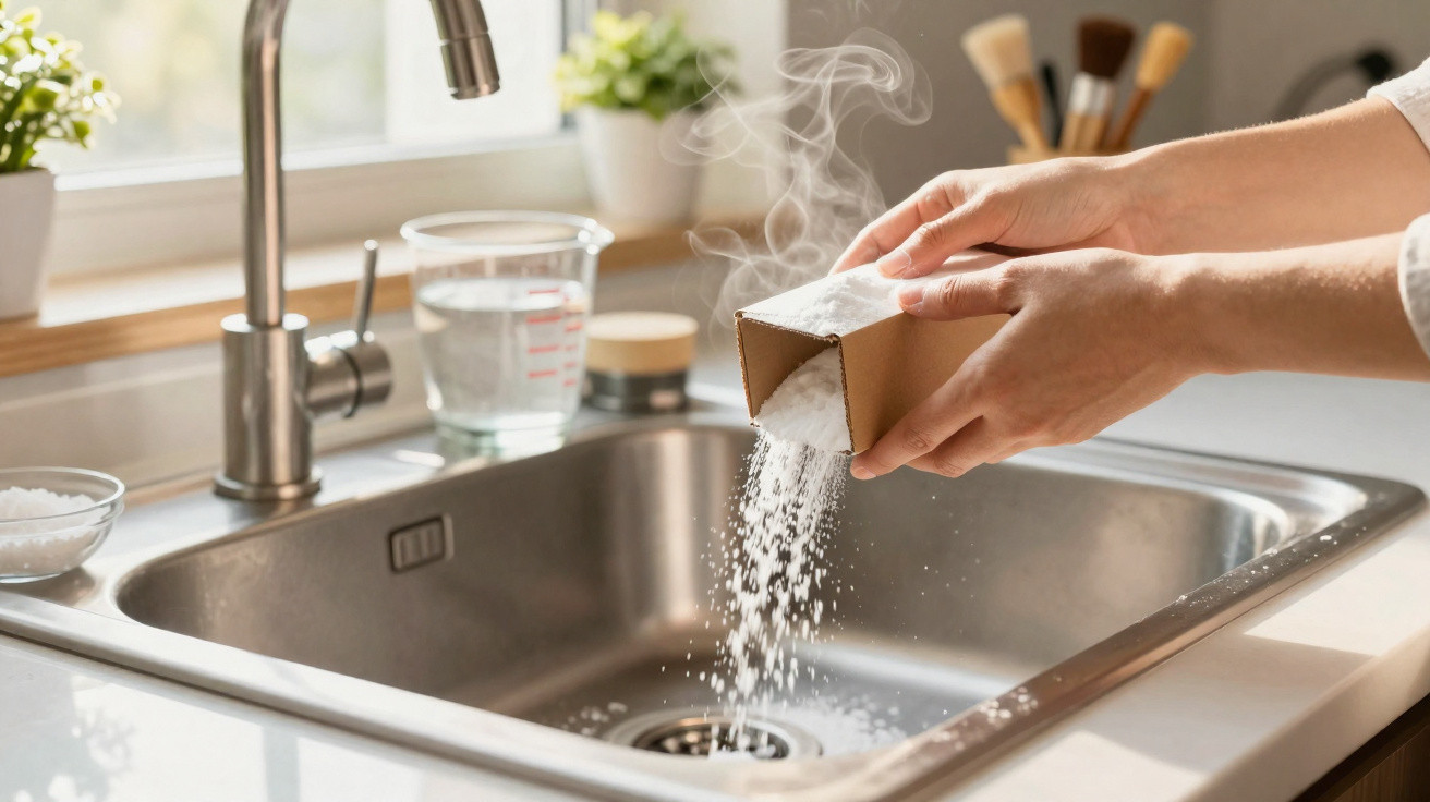 Mãos a deitar bicarbonato de sódio num lava-loiças de cozinha com vapor e utensílios ao fundo.