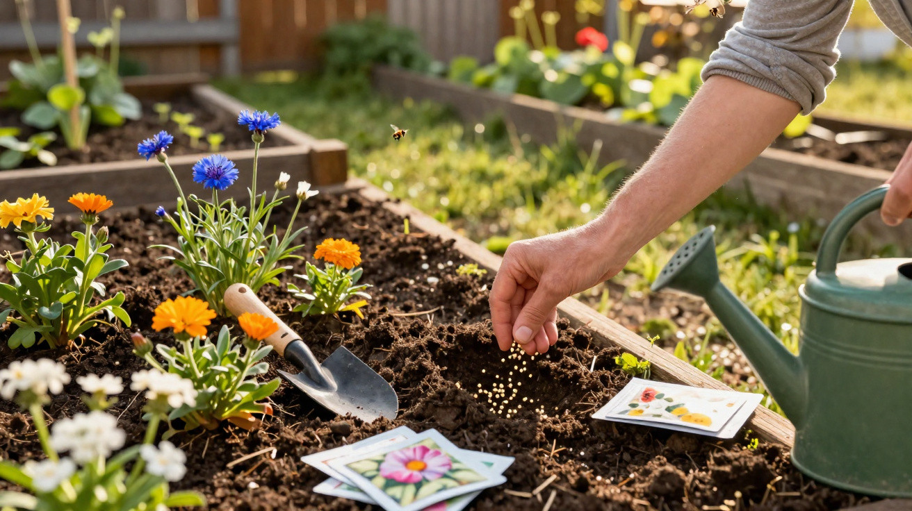 Pessoa a semear pequenas sementes num canteiro de flores com regador e ferramenta de jardinagem ao lado.