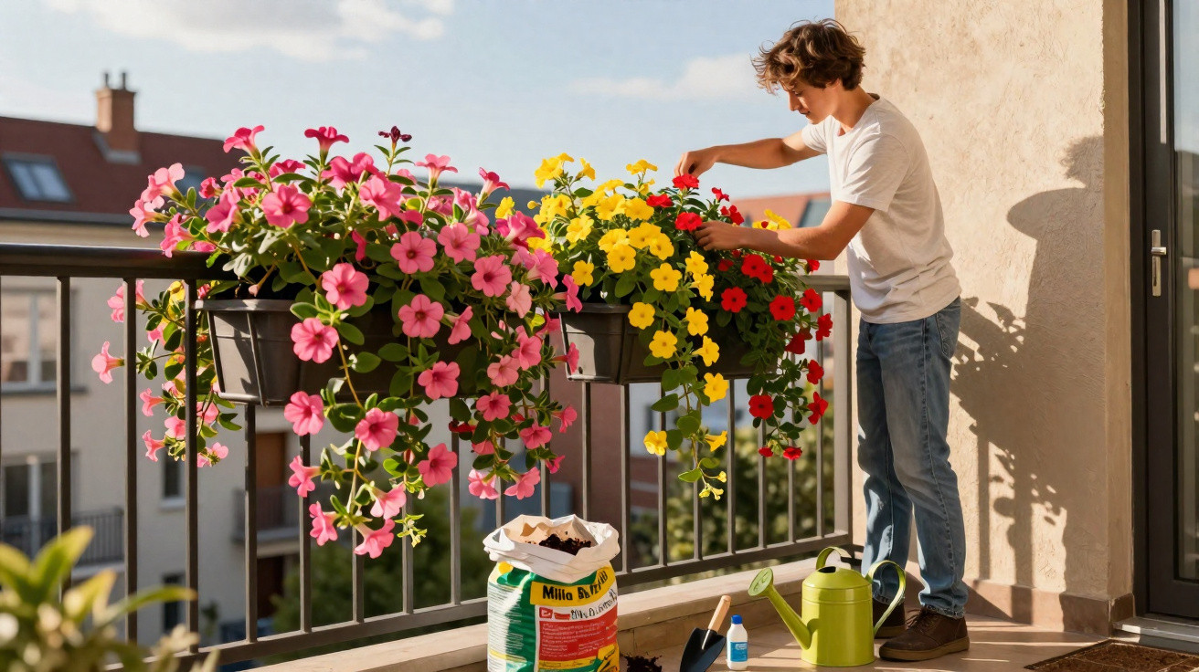 Rapaz a cuidar de flores coloridas num corredor com vista para edifícios residenciais.
