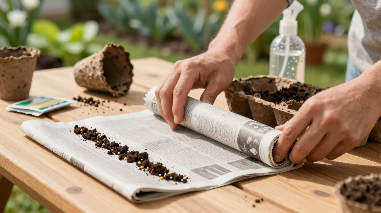 Mãos a enrolar jornal com terra e sementes em cima numa mesa de madeira, ao lado de vasos biodegradáveis.