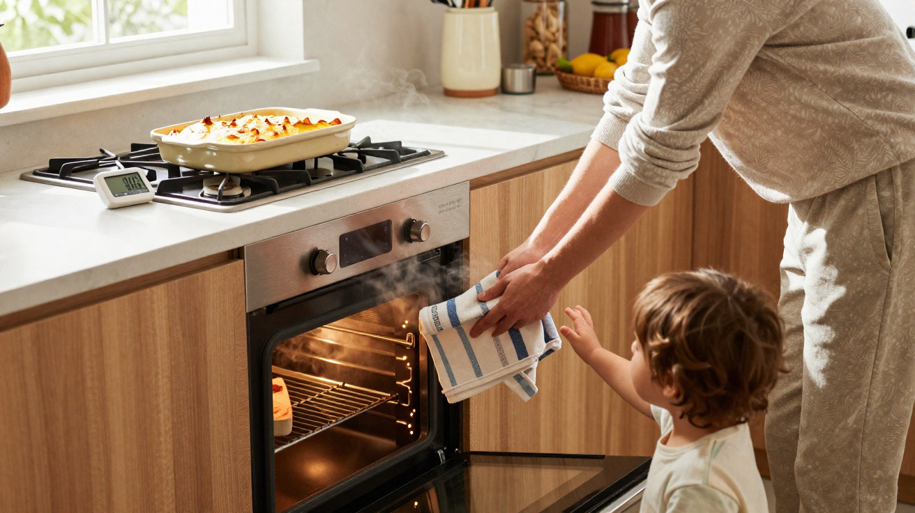 Adulto a retirar prato quente do forno enquanto criança observa na cozinha moderna.